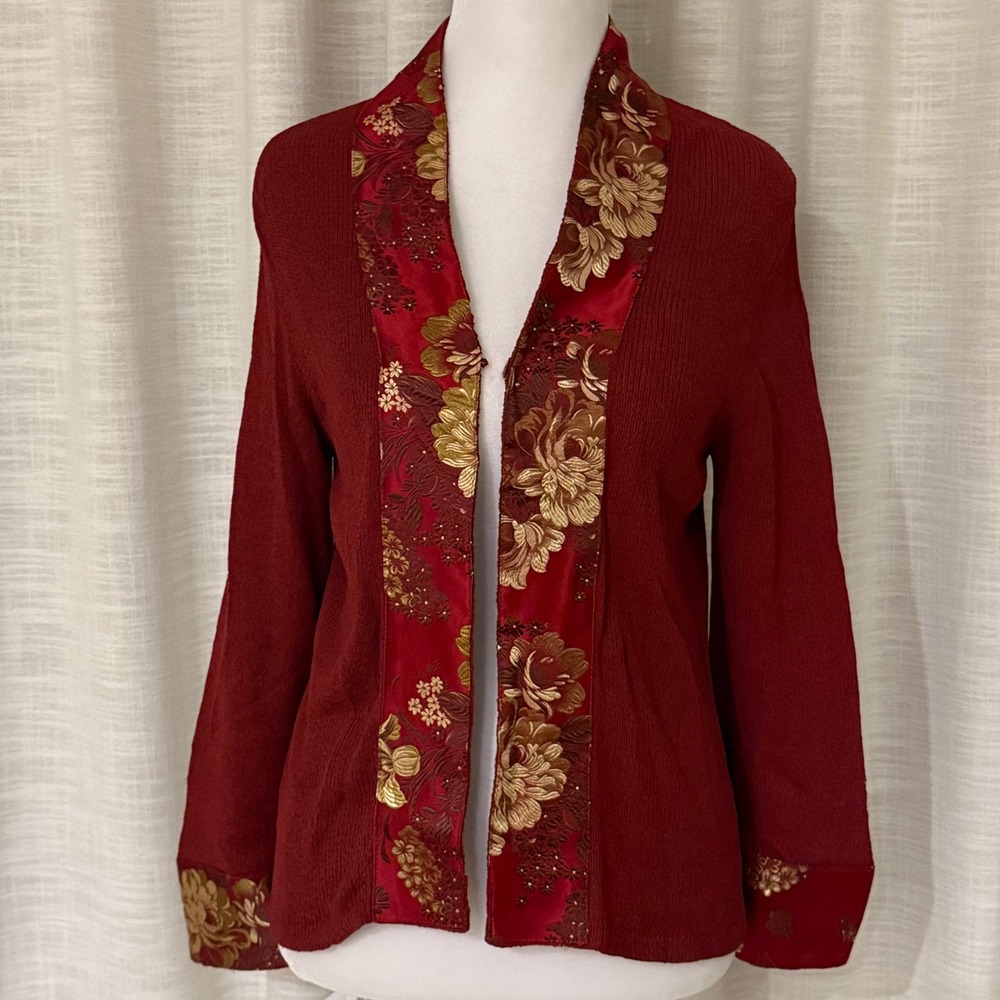 Ball of Cotton Red Textured Knit Cardigan with Floral Brocade Trim Women's S - Picture 11 of 16